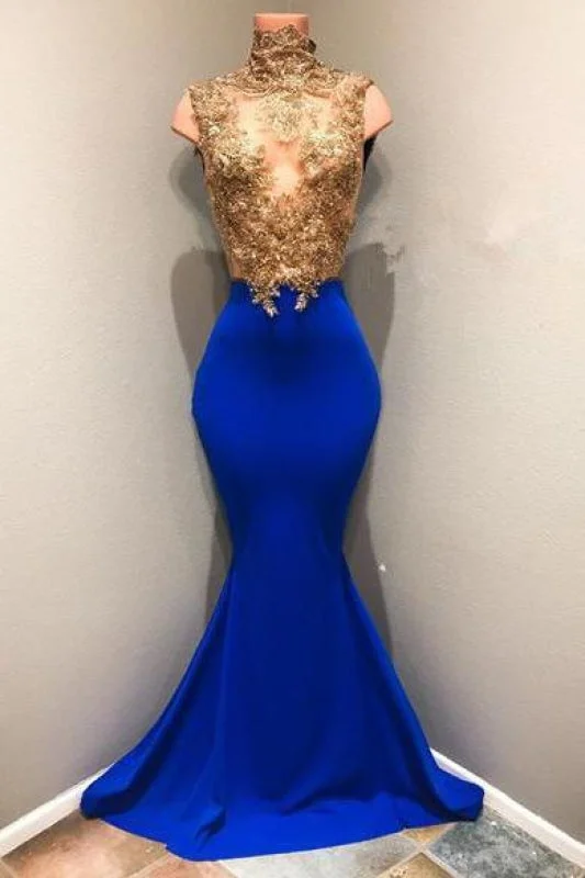 Bridelily Royal-blue 2019 Prom Dress, 2019 Lace Appliques Evening Dress RM0 Turtleneck Neckline Stylish Bridelily Royal-blue 2019 Prom Dress, 2019 Lace Appliques Evening Dress RM0 Turtleneck Neckline Stylish
