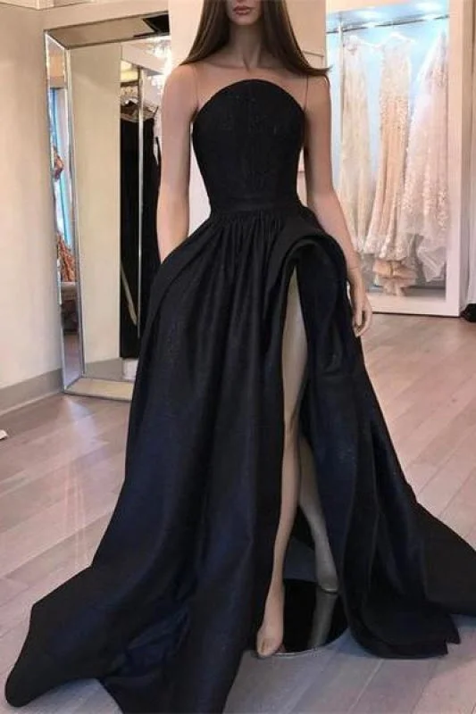 Bridelily Sexy Black Slit Sleeveless Designer Evening Dress Tunics Long Elegant