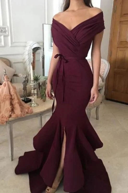 Bridelily Sexy Burgundy Mermaid Prom Dresses Off-the-Shoulder Side Slit Evening Dresses Tunics Sophisticated sleek Bridelily Sexy Burgundy Mermaid Prom Dresses Off-the-Shoulder Side Slit Evening Dresses Tunics Sophisticated sleek