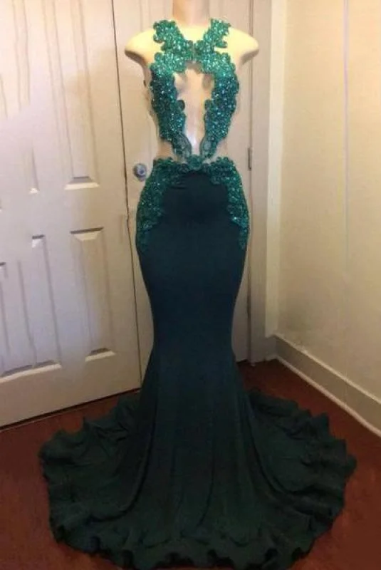 Bridelily Dark Green Sexy Mermaid Crystals Prom Dress | Sparkling Appliques Open Back Real Evening Dress FB0325-MQ0 Tunics Stylish elegant