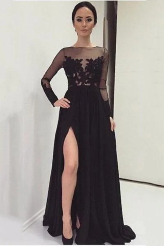 Bridelily A-Line Black Long Sleeve Tulle Lace Evening Dress Latest Sweep Train Side Slit Prom Dresses TB0258 Satin Halter Glamorous Bridelily A-Line Black Long Sleeve Tulle Lace Evening Dress Latest Sweep Train Side Slit Prom Dresses TB0258 Satin Halter Glamorous