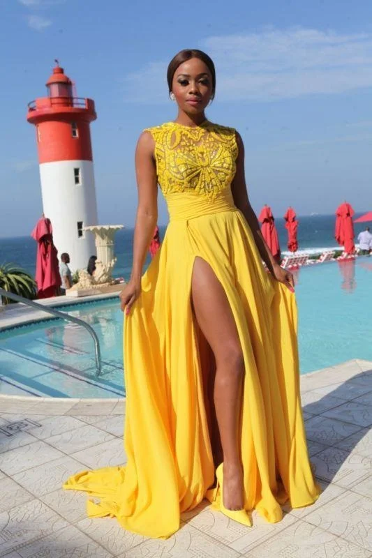 Bridelily Yellow Chiffon Side-Slit High-Neck Sleeveless Sexy Long Evening Dresses Tunics Practical easy-care Bridelily Yellow Chiffon Side-Slit High-Neck Sleeveless Sexy Long Evening Dresses Tunics Practical easy-care