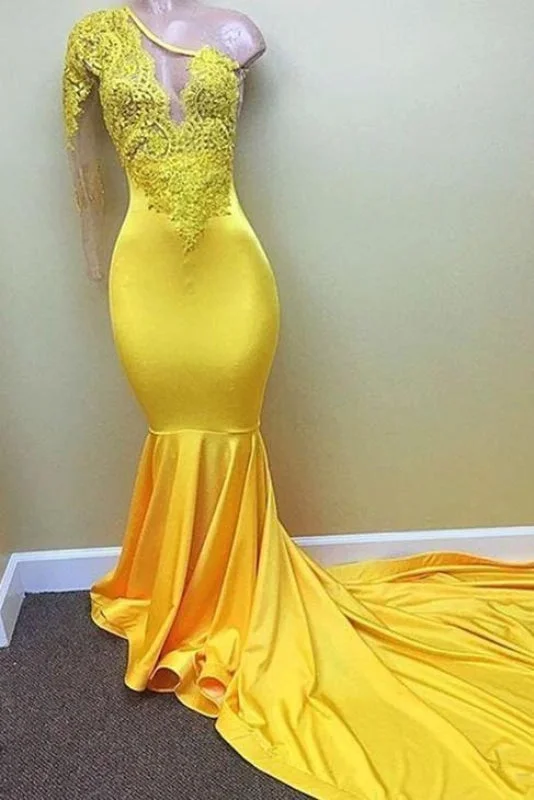 Bridelily Yellow one shoulder mermaid prom dress, lace evening dresses 2019 Tunics Long Elegant