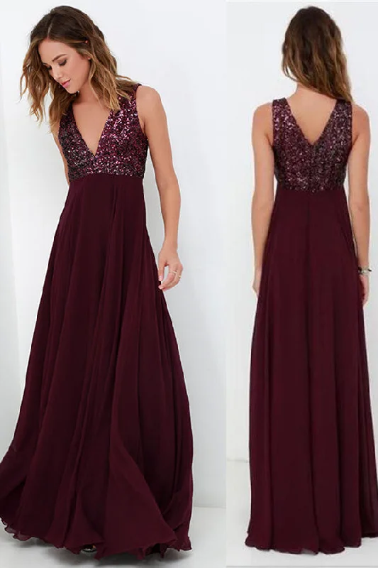 Burgundy A Line Floor Length Deep V Neck Sleeveless Bridesmaid Dresses, Wedding Party Dresses Tunics Fall fleece Burgundy A Line Floor Length Deep V Neck Sleeveless Bridesmaid Dresses, Wedding Party Dresses Tunics Fall fleece