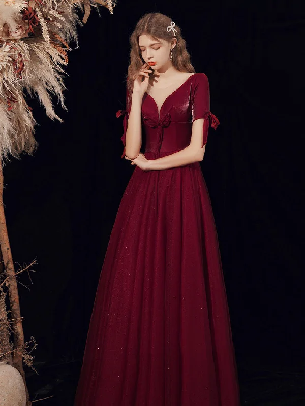 Burgundy A-line V Neck Tulle Long Prom Dress Burgundy Evening Dress Turtleneck Neckline Stylish Burgundy A-line V Neck Tulle Long Prom Dress Burgundy Evening Dress Turtleneck Neckline Stylish