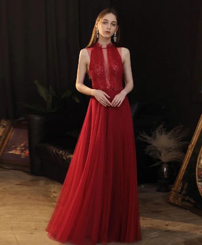 Burgundy High Neck Tulle Lace Long Prom Dress, Burgundy Formal Evening Dress sweetheart Neckline Romantic Burgundy High Neck Tulle Lace Long Prom Dress, Burgundy Formal Evening Dress sweetheart Neckline Romantic