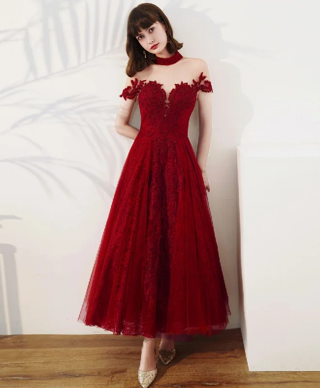 Burgundy High Neck Tulle Lace Tea Length Prom Dress, Lace Formal Evening Dress Tunics Print Colorful Burgundy High Neck Tulle Lace Tea Length Prom Dress, Lace Formal Evening Dress Tunics Print Colorful