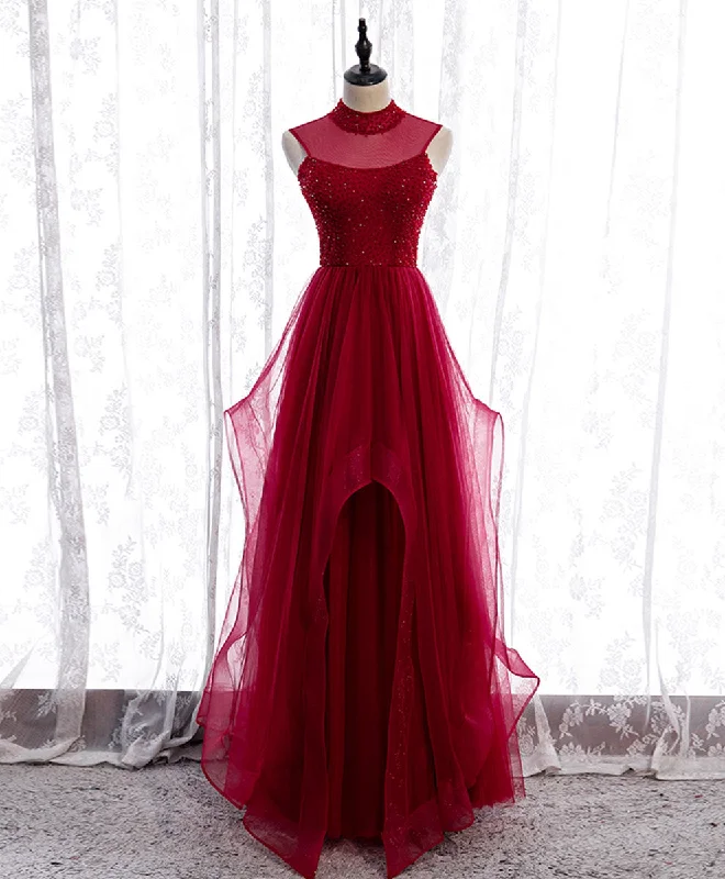 Burgundy High Neck Tulle Sequin Beads Long Evening Dresses Pleated Skirt Elegant