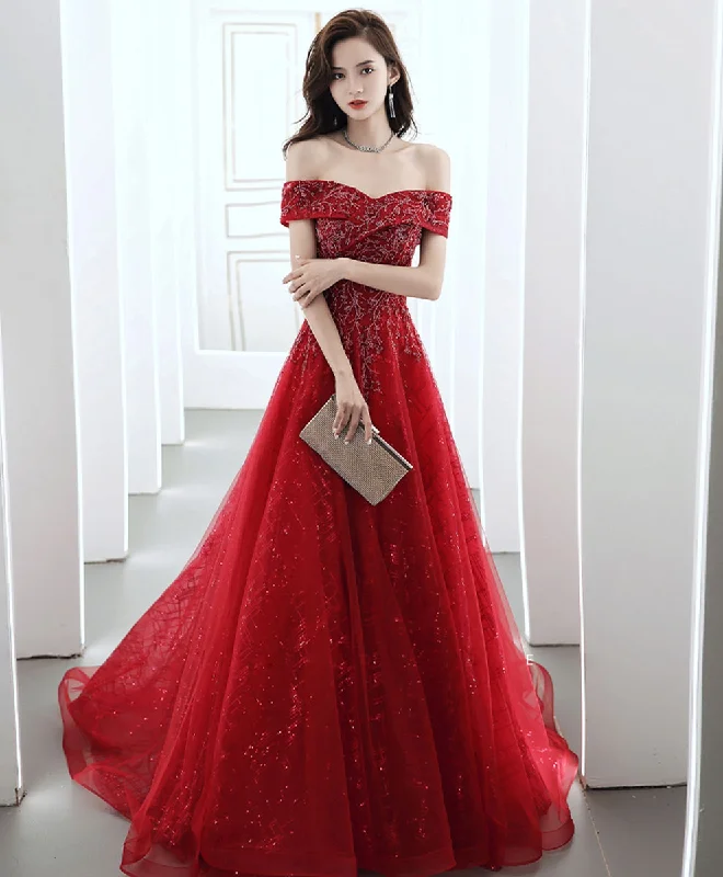 Burgundy Off Shoulder Tulle Lace Long Prom Dress, Burgundy Formal Party Dress Tunics Business professional Burgundy Off Shoulder Tulle Lace Long Prom Dress, Burgundy Formal Party Dress Tunics Business professional