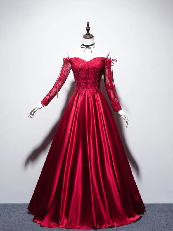 Burgundy Sweetheart Lace Satin Long Prom Dress Burgundy Evening Dress Glittery Long Formal Burgundy Sweetheart Lace Satin Long Prom Dress Burgundy Evening Dress Glittery Long Formal