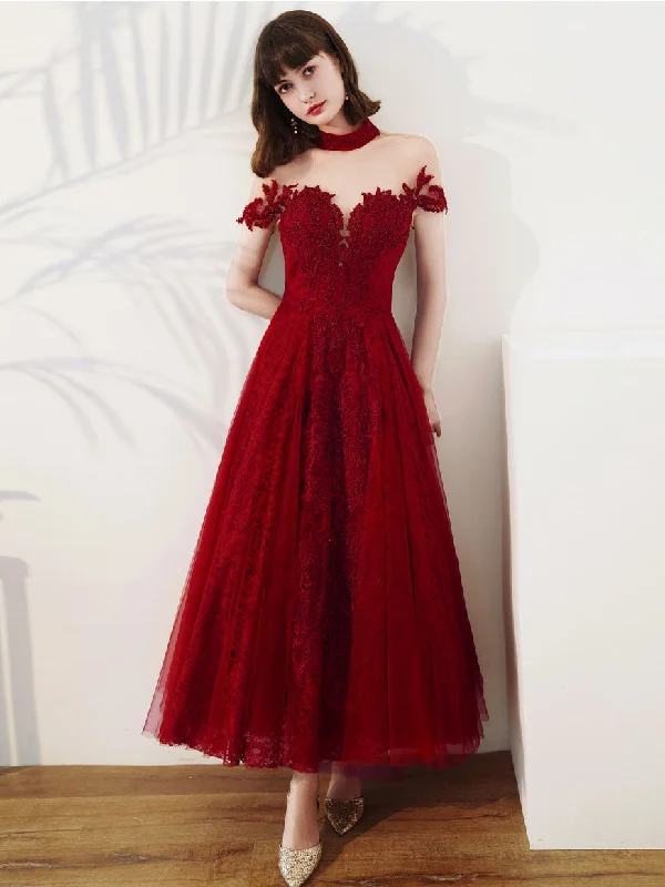 Burgundy Tulle Lace Tea Length Prom Dress, Burgundy Evening Dress Tunics Prom sequined Burgundy Tulle Lace Tea Length Prom Dress, Burgundy Evening Dress Tunics Prom sequined