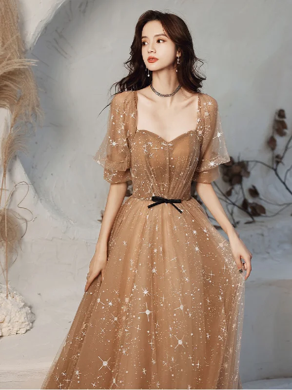 Champagne Sweetheart Tulle Lace Long Prom Dress Lace Evening Dress Tunics Sophisticated sleek