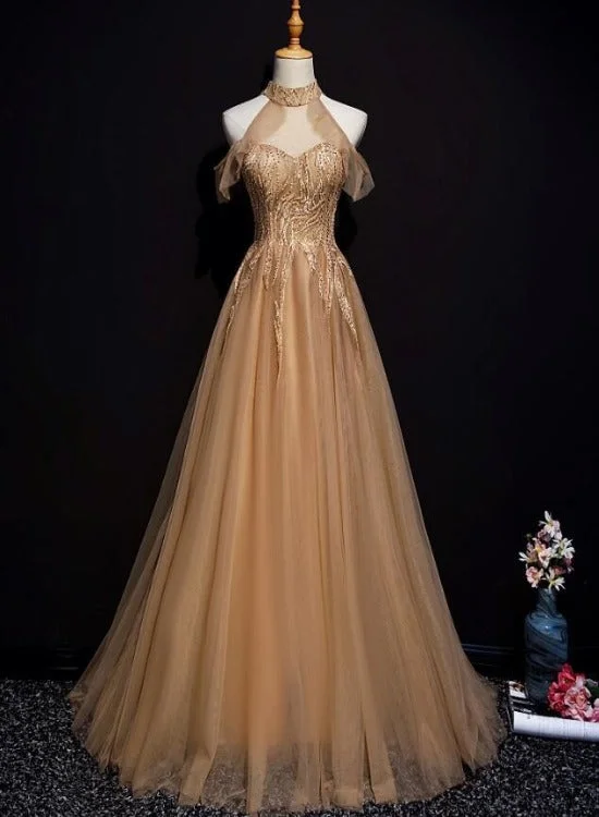 Champagne Tulle Halter Long Party Dress, A-line Formal Gown Tunics Practical easy-care Champagne Tulle Halter Long Party Dress, A-line Formal Gown Tunics Practical easy-care
