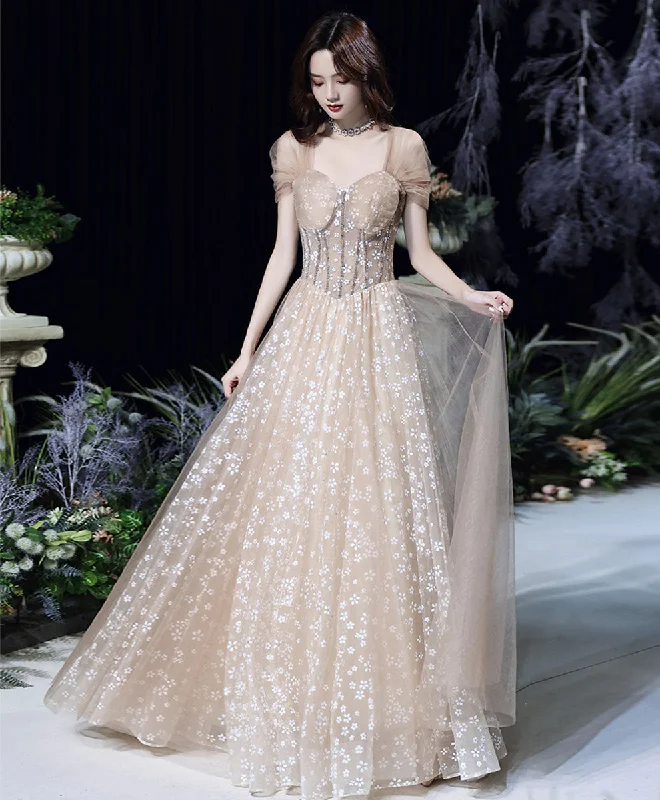 Champagne Tulle Long Prom Dress, Champagne Formal Party Dress with Beading Lace Sexy Club Champagne Tulle Long Prom Dress, Champagne Formal Party Dress with Beading Lace Sexy Club