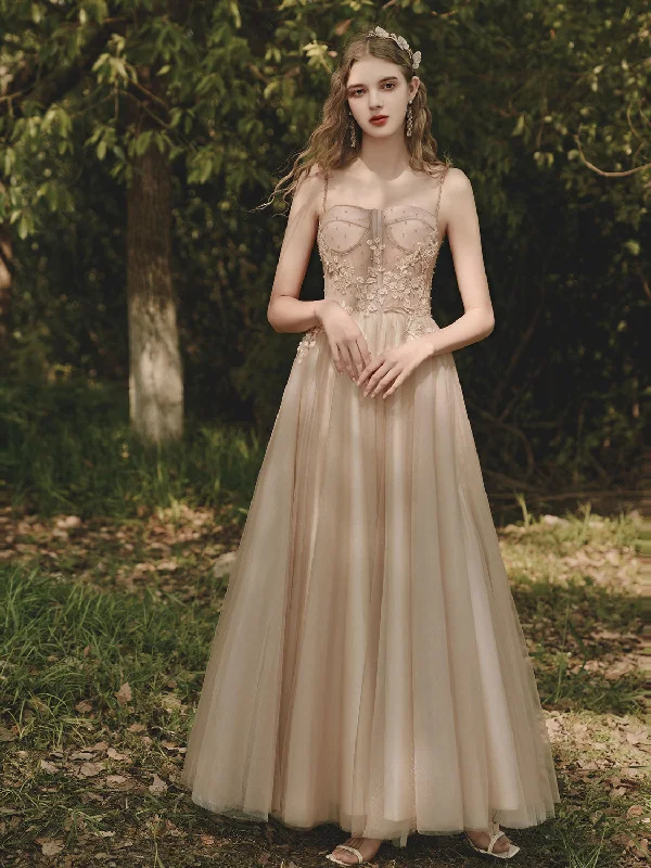 Champagne Tulle Lace Tea Length Prom Dress, Tulle Lace Evening Dress Tunics Bestseller popular Champagne Tulle Lace Tea Length Prom Dress, Tulle Lace Evening Dress Tunics Bestseller popular