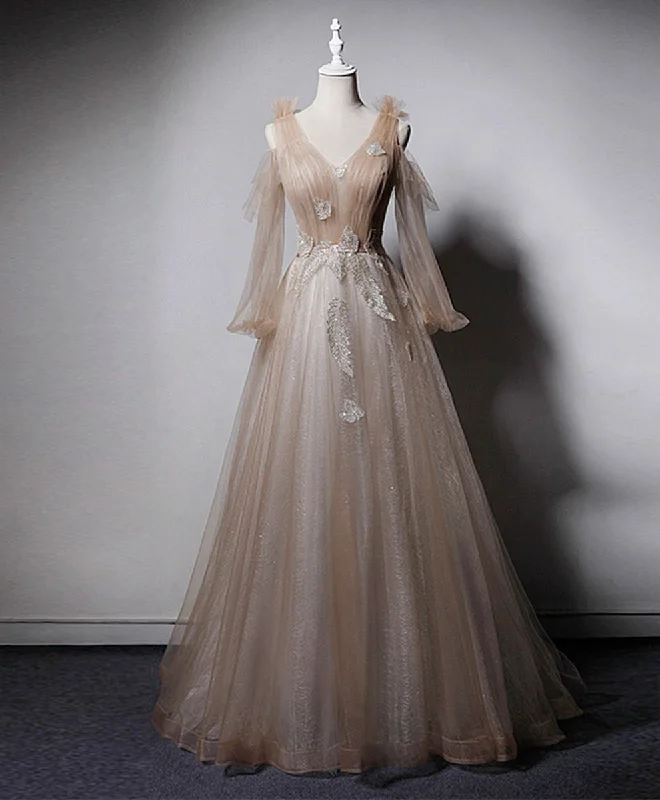 Champagne V Neck Tulle Lace Long Prom Dress, Champagne Formal Evening Dress Tunics Plaid country Champagne V Neck Tulle Lace Long Prom Dress, Champagne Formal Evening Dress Tunics Plaid country