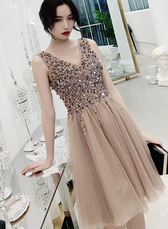 Charming Beaded Short V-neckline Tulle Party Dress, Sequins Homecoming Dress Tunics Wedding white Charming Beaded Short V-neckline Tulle Party Dress, Sequins Homecoming Dress Tunics Wedding white
