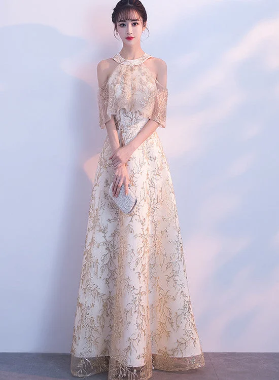 Charming Champagne Halter Long Party Dress, Formal Dress Tunics Floral girly