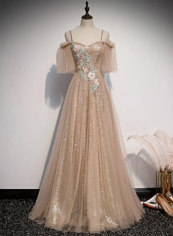 Charming Champagne Tulle and Sequins Long Party Dress, A-line Prom Dress Tunics New arrival Charming Champagne Tulle and Sequins Long Party Dress, A-line Prom Dress Tunics New arrival
