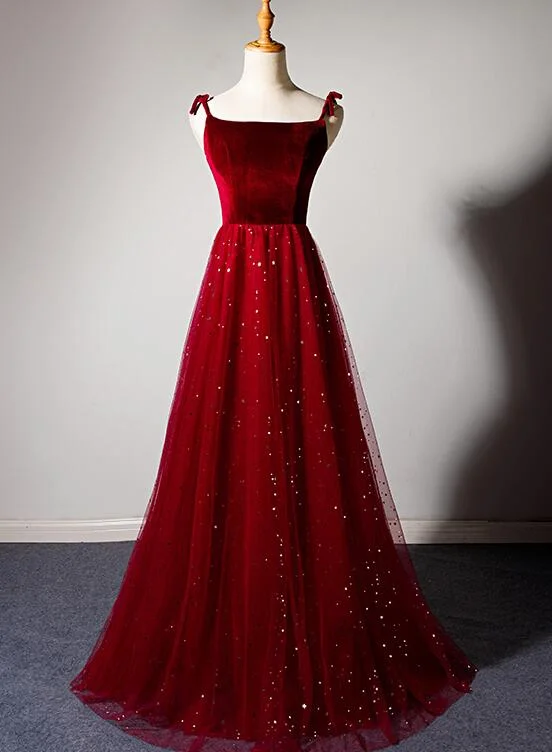 Charming Dark Red Tulle with Velvet Long Straps Party Dress, Bridesmaid Dress Tunics Evening elegant Charming Dark Red Tulle with Velvet Long Straps Party Dress, Bridesmaid Dress Tunics Evening elegant