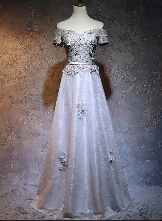 Charming Grey Lace A-line Long Bridesmaid Dress, Grey Party Dress Tunics Print Colorful Charming Grey Lace A-line Long Bridesmaid Dress, Grey Party Dress Tunics Print Colorful