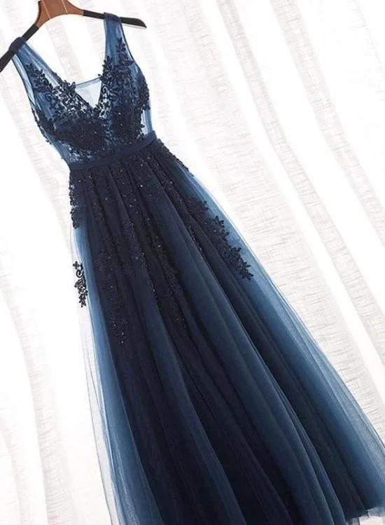 Charming Navy Blue Beaded Lace Long Party Dress, A-line Prom Dress Tunics Luxurious premium Charming Navy Blue Beaded Lace Long Party Dress, A-line Prom Dress Tunics Luxurious premium