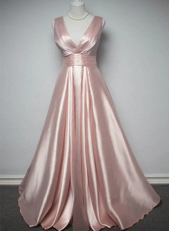 Charming Pink Satin V-neckline Long Party Dress, New Prom Dress Tunics Timeless classic Charming Pink Satin V-neckline Long Party Dress, New Prom Dress Tunics Timeless classic