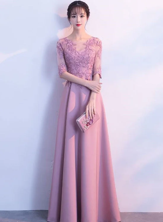 Charming Round Pink Lace Applique Long Wedding Party Dress, Pink Party Dress Tunics Satin smooth Charming Round Pink Lace Applique Long Wedding Party Dress, Pink Party Dress Tunics Satin smooth