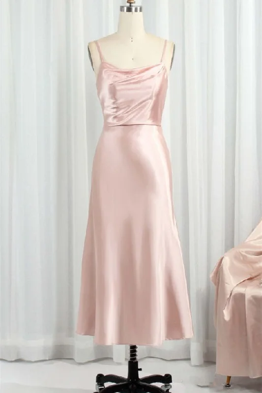Classic Pink Spaghetti Straps Midi Party Dresss Square Neckline Feminine