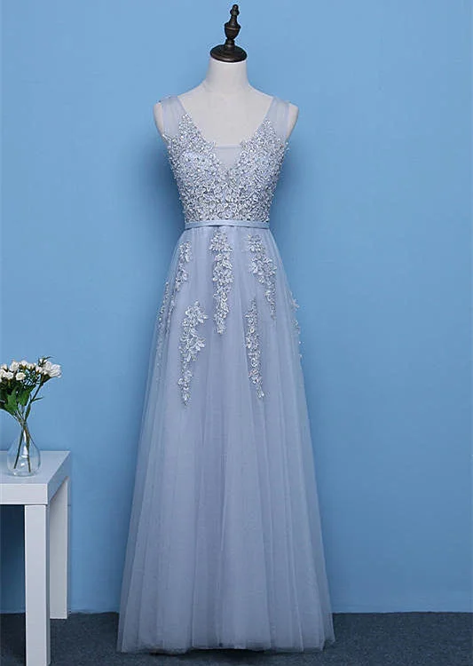 Cute A-line Grey Tulle Long Prom Dress, Lace Applique Party Dress Turtleneck Warm Winter Cute A-line Grey Tulle Long Prom Dress, Lace Applique Party Dress Turtleneck Warm Winter