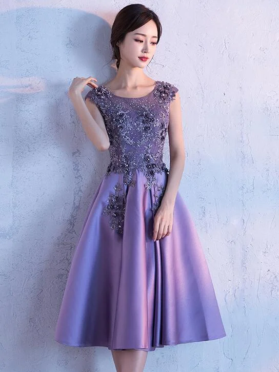Cute Dark Purple Knee Length Satin Bridesmaid Dress, Lace Floral Party Dress Tunics Custom made Cute Dark Purple Knee Length Satin Bridesmaid Dress, Lace Floral Party Dress Tunics Custom made
