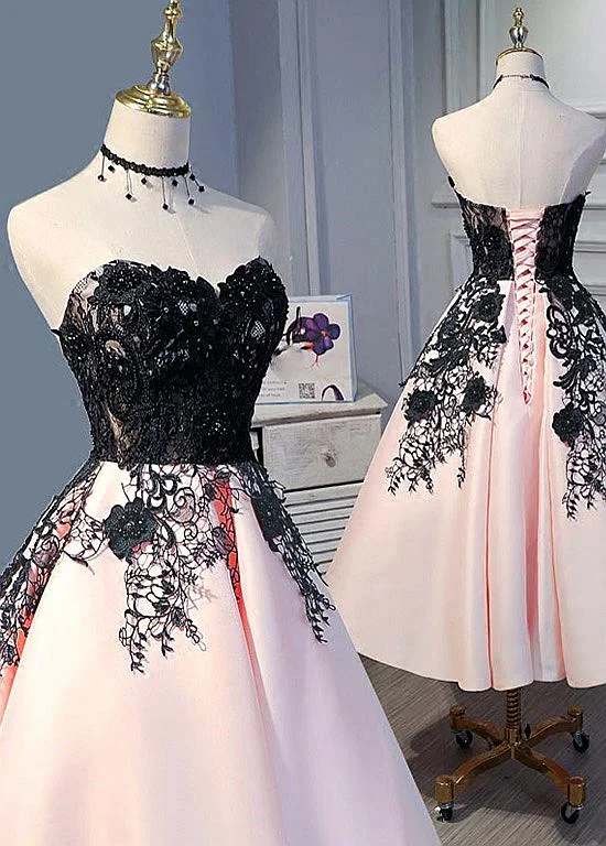 Cute Pearl Pink Tea Length Satin with Lace Applique Party Dress, Homecoming Dress Tunics Fashionable trendy Cute Pearl Pink Tea Length Satin with Lace Applique Party Dress, Homecoming Dress Tunics Fashionable trendy