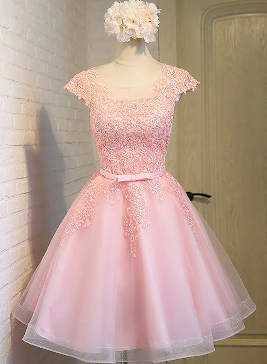 Cute Pink Round Neckline Tulle Party Dress, Pink Cap Sleeves Formal Dress Tunics Custom made Cute Pink Round Neckline Tulle Party Dress, Pink Cap Sleeves Formal Dress Tunics Custom made
