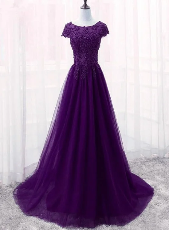 Cute Purple Tulle with Lace Applique Long Party Dress, New Prom Gown Tunics Sale discount Cute Purple Tulle with Lace Applique Long Party Dress, New Prom Gown Tunics Sale discount
