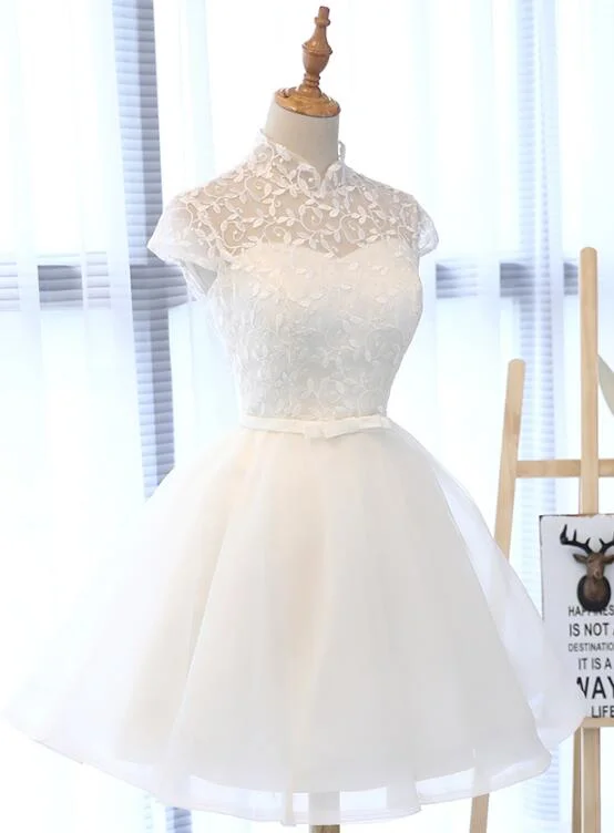 Cute White Tulle Short Lace Cap Sleeves Party Dress, White Homecoming Dress Bodycon Fitted Nightout Cute White Tulle Short Lace Cap Sleeves Party Dress, White Homecoming Dress Bodycon Fitted Nightout