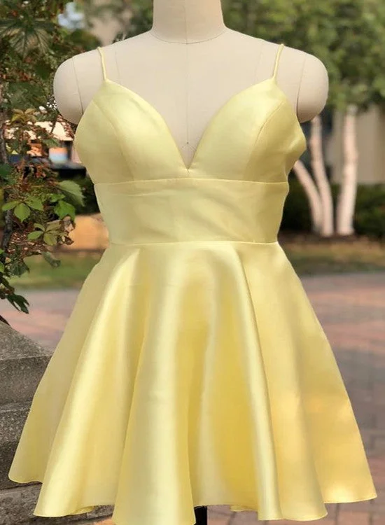 Cute Yellow Satin Short Straps Party Dress,Homecoming Dress Halter Neckline Beach