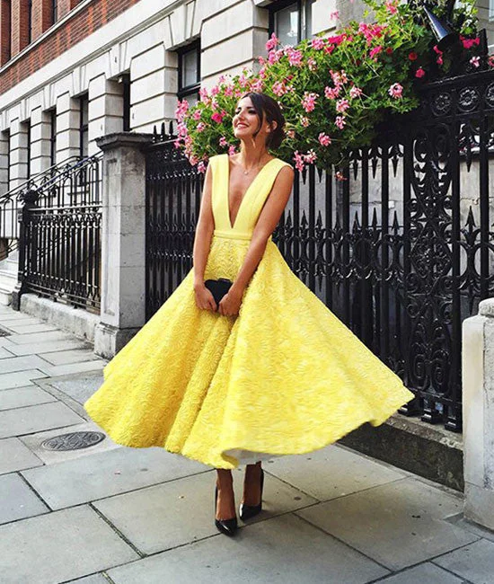 Cute yellow tea Length lace prom dress, lace evening dress Turtleneck Warm Winter