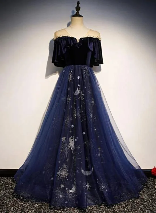 Elegant Blue Velvet Top Long Party Dress, Prom Gowns Tunics Travel practical
