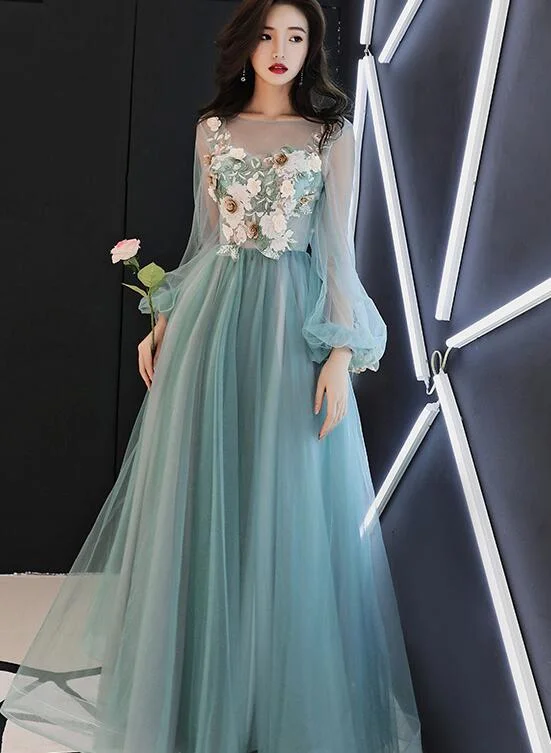 Light Green Tulle Long Party Dress with Flowers, Long Formal Dresses Tunics Fleece cozy Light Green Tulle Long Party Dress with Flowers, Long Formal Dresses Tunics Fleece cozy