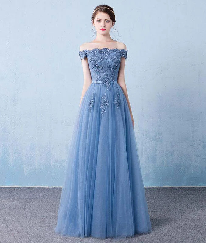 Elegant tulle lace applique long prom dress, blue evening dress Lace Sexy Club