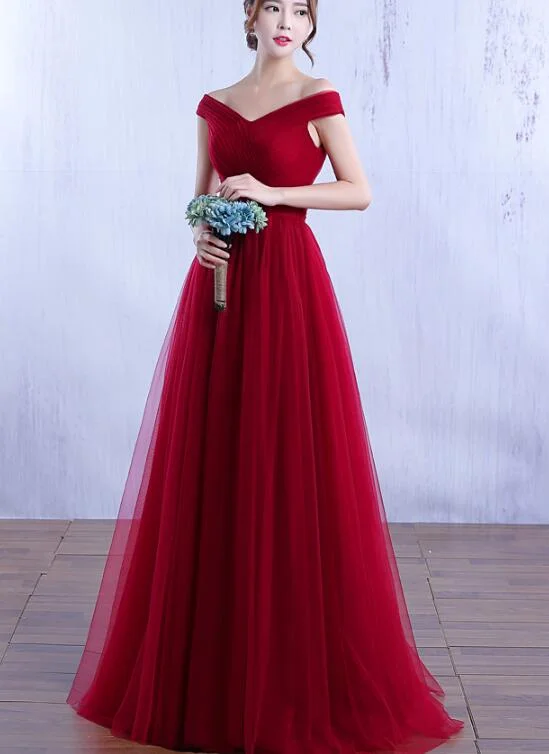 Elegant Wine Red Off Shoulder Tulle Long Party Dress, A-line Prom Dress empire Waist empire Elegant Wine Red Off Shoulder Tulle Long Party Dress, A-line Prom Dress empire Waist empire