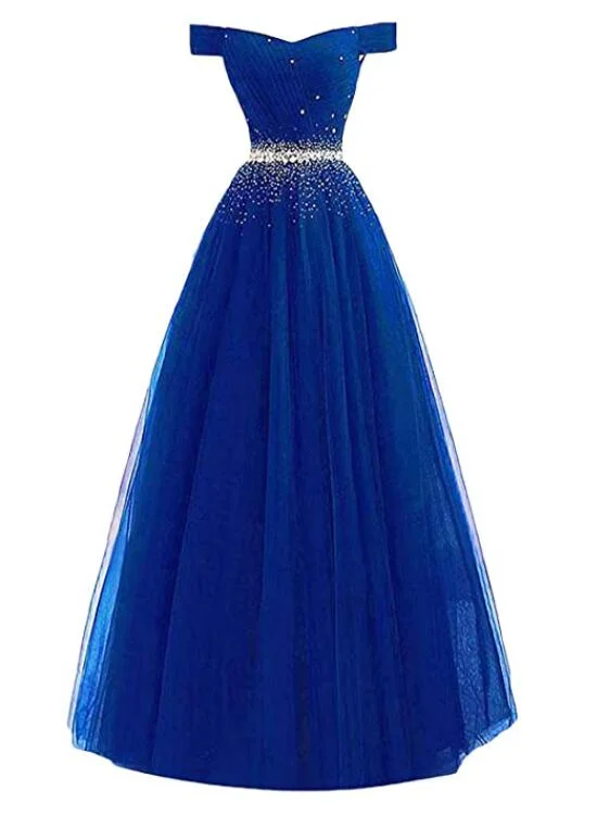 Fashionable Royal Blue Tulle Beaded Off Shoulder Prom Dress, Long Party Dress Tunics Bridal satin Fashionable Royal Blue Tulle Beaded Off Shoulder Prom Dress, Long Party Dress Tunics Bridal satin