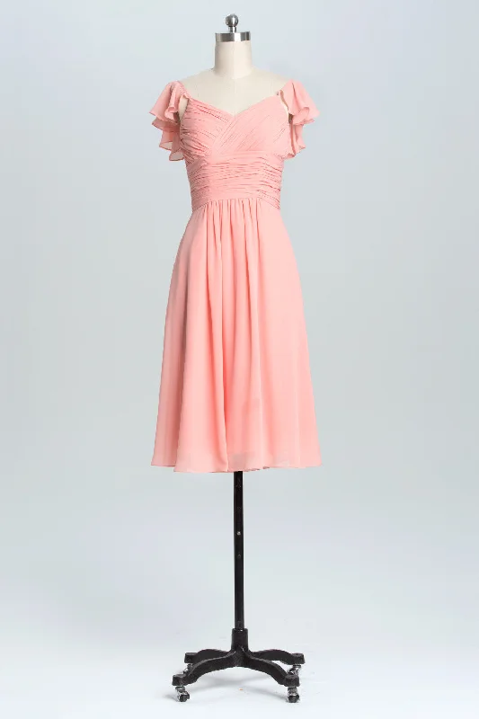 Flutter Sleeves Coral Pleated A-line Short Party Dress Pencil Length Work