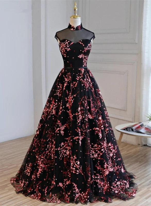 Gorgeous Black Tulle Long Formal Gown, Floral Evening Party Dress Tunics Exclusive limited Gorgeous Black Tulle Long Formal Gown, Floral Evening Party Dress Tunics Exclusive limited