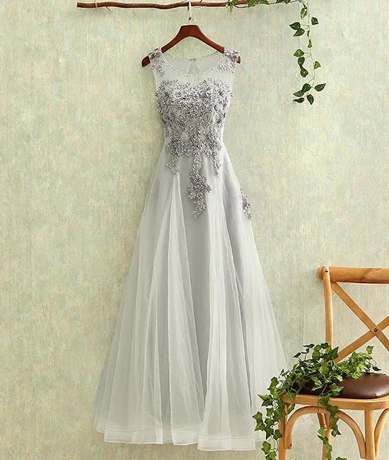 Gray round neck tulle lace long prom dress, gray evening dress Chiffon Maxi Beach
