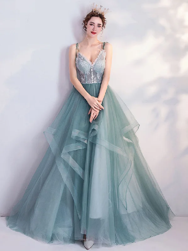 Green V Neck Tulle Lace Long Prom Dress Green Evening Dress Tunics Essential wardrobe Green V Neck Tulle Lace Long Prom Dress Green Evening Dress Tunics Essential wardrobe