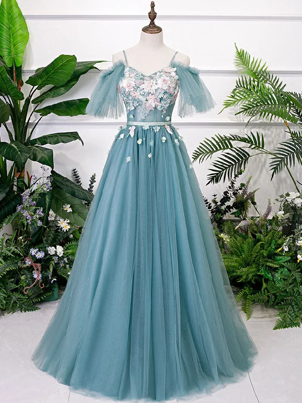 Green V Neck Tulle Lace Long Prom Dress Lace Evening Dress Pleated Skirt Elegant