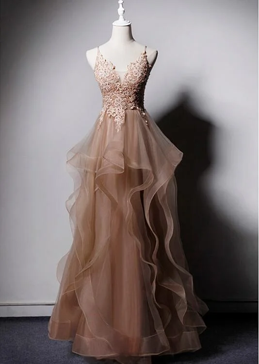 High Quality Tulle V-neclike Long Prom Dress, Lace Applique Straps Party Dress Tunics Hiking breathable High Quality Tulle V-neclike Long Prom Dress, Lace Applique Straps Party Dress Tunics Hiking breathable