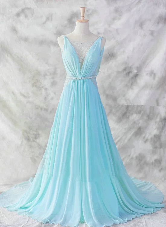 Light Blue Chiffon Long Evening Dress, Blue Beaded Waist Wedding Party Dress Tunics Lace romantic Light Blue Chiffon Long Evening Dress, Blue Beaded Waist Wedding Party Dress Tunics Lace romantic