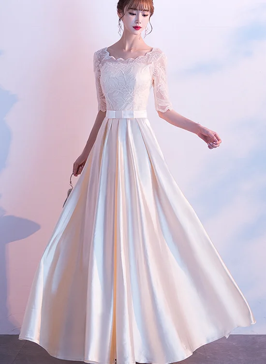 Light Champagne Lace and Satin Long Party Dress, Prom Dress Tunics Fashionable trendy Light Champagne Lace and Satin Long Party Dress, Prom Dress Tunics Fashionable trendy